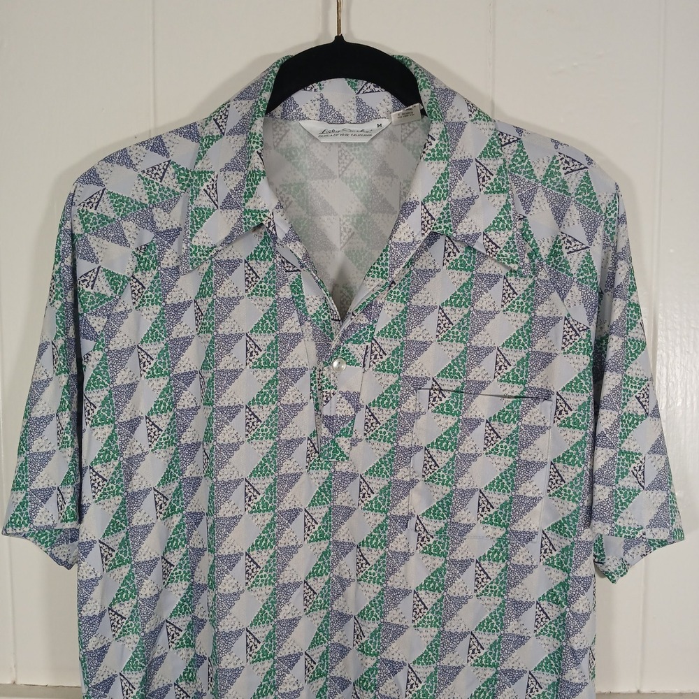 Lilly Dache Polo Shirt Mens M Blue Green Geometric Triangle‎ Vintage 70s USA HH